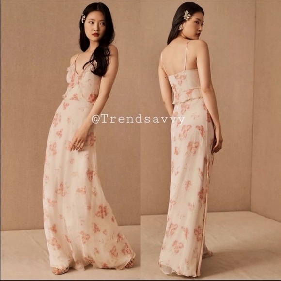 Anthropologie Dresses & Skirts - ANTHROPOLOGIE BHLDN Blush Floral Chiffon Ruffle Maxi Dress Bridesmaid Gown NWT